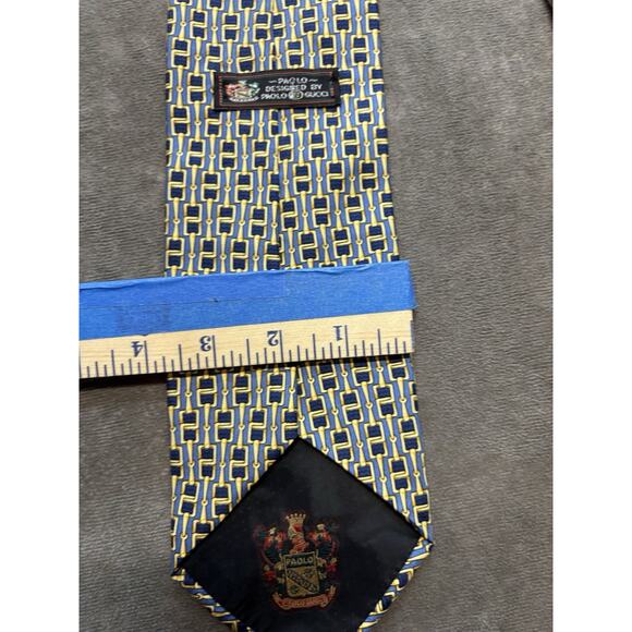 Paolo by Gucci Mens 100% Silk Necktie Blue Gold Horse Bit 59” x 4” Italy - Picture 5 of 5